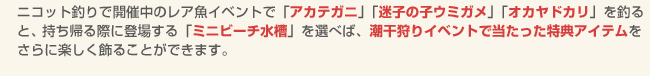 ニコット釣りで開催中のレア魚イベントで「アカテガニ」「迷子の子ウミガメ」「オカヤドカリ」を釣ると、持ち帰る際に登場する「ミニビーチ水槽」を選べば、潮干狩りイベントで当たった特典アイテムをさらに楽しく飾ることができます。