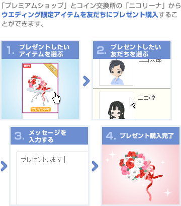 「プレミアムショップ」とコイン交換所の「ニコリーナ」からウエディング限定アイテムを友だちにプレゼント購入することができます。